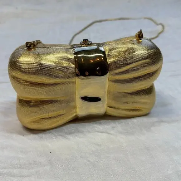 Vintage Saks Fifth Avenue Italy Bow Clamshell Gold Clutch Evening Bag - Picture 6 of 11